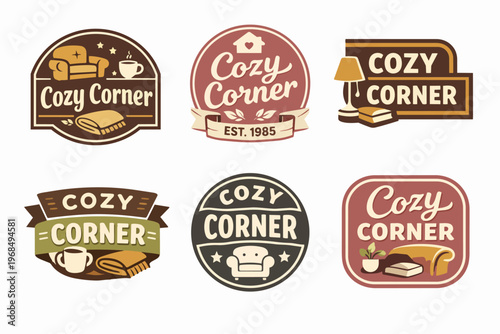 Set of cozy corner branding logos featuring cozy elements like sofas, coffee, blankets, lamps, and books in a retro style