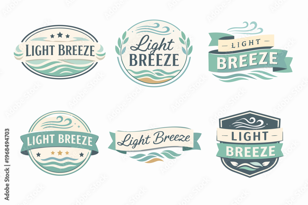 Fototapeta premium Collection of nautical and coastal emblems with ocean waves, stars, wind, and ribbons, representing light breeze concepts