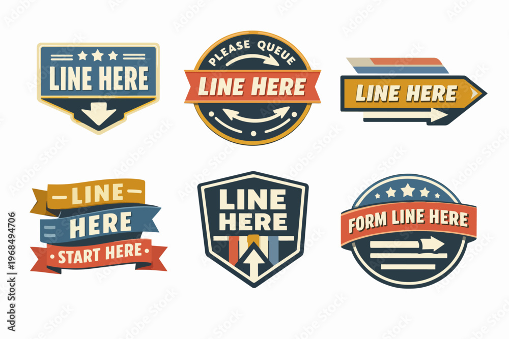 Obraz premium People queueing here sign set with line here, form line here, please queue, start here text