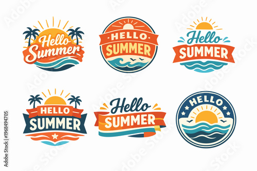 Hello summer retro badge collection. Designing tropical beach vacation labels, emblems, and holidays branding