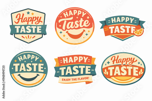 Happy taste food emblem collection with diverse retro style labels, badges, and stickers for marketing delicious flavor