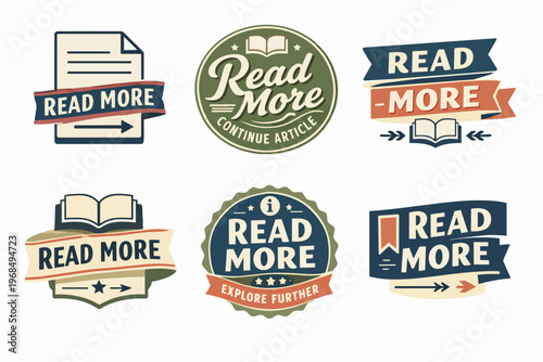 Read more banners with an old style for website and article content navigation, offering a set of retro buttons