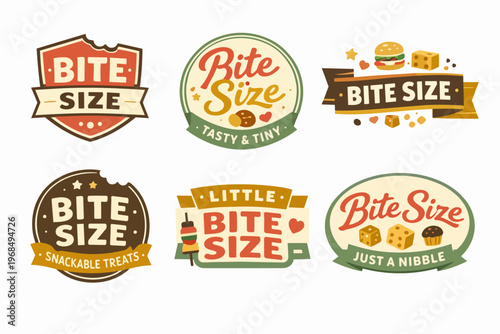 Bite size snack labels collection illustrating tasty quick eats and tiny food brand emblems