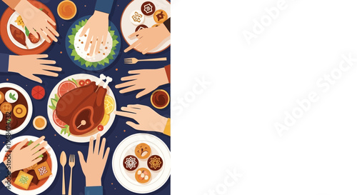 Festive Feast Illustration Table Turkey Desserts Drinks