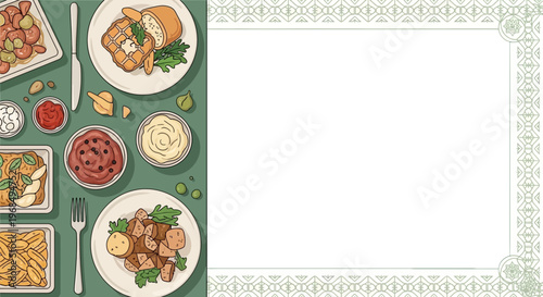Food Illustration Full Meal Bread Potatoes Pasta Sauces
