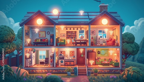 Cozy Modern Home Illustration with WiFi Signal and Vibrant Colors
