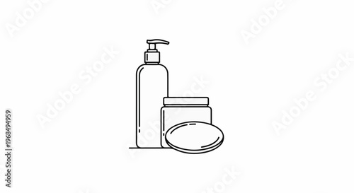 A minimalist line drawing of personal care items a dispenser, jar, and soap