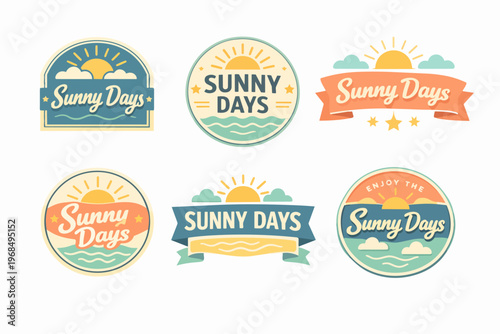 Sunny days vintage labels set depicting summer holiday concepts with sun, waves, and sky elements for seasonal branding