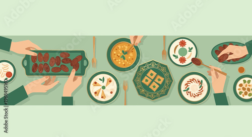 Ramadan Shared Meal Illustration Dates Soup Hummus Baklava