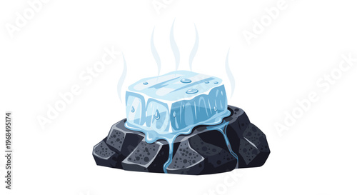 A large ice block with water droplets and steam is melting on a jagged dark grey rock against a white background.