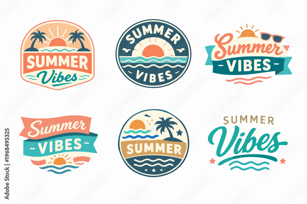 Fototapeta premium Collection of summer vibes emblems and badges with tropical elements, sun, palm trees, and ocean waves for seasonal designs