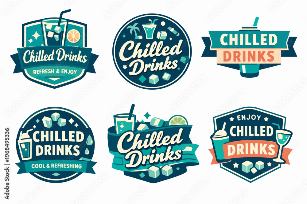 Fototapeta premium Chilled drinks badges and labels collection featuring refreshing beverages, cold cocktails, and ice cube illustrations