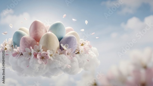 Pastel eggs on the cloud with flower blossoms against sky