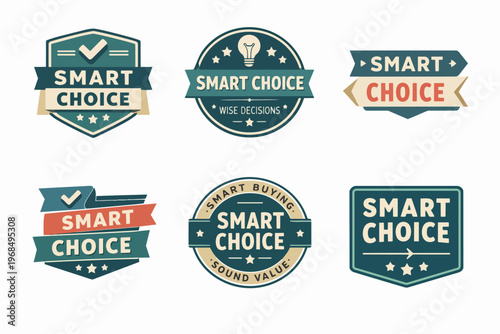 Smart choice labels and badges set for product quality, wise decisions, best value, and recommended promotions