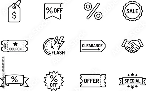 sale and discount promotion icons set, coupon offer deal price tag clearance flash sale bargain shopping commerce marketing vector line outline icon collection isolated on transparent background