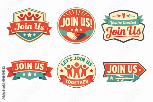 Join us recruitment posters, banners, and badges set with community teamwork symbols and retro design elements