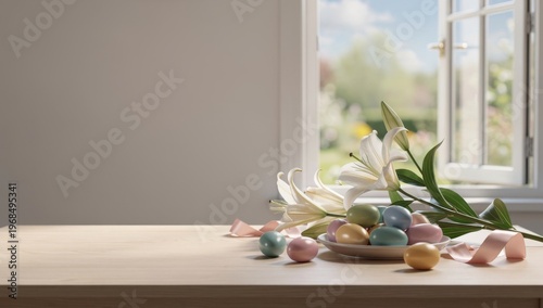 Easter eggs and lilies on a wooden table beside a window