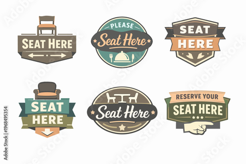 Retro seat here labels set providing direction and reservation options for restaurant and café customers