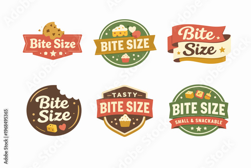 Collection of bite size badges and labels for food branding, bakery, restaurant, snack, or cafe