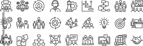 business teamwork and management icons set, leadership strategy organization planning communication work flow network collaboration meeting and office management vector line outline icon collection 