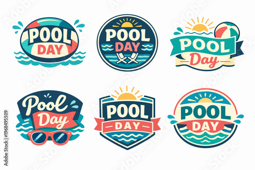 Pool day badges set featuring beach ball, sun, waves, lounge chairs, and sunglasses for summer vacation recreation