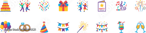 party celebration and festive event icons set, birthday cake balloons confetti gift fireworks music dance holiday festival party decoration vector flat icon collection isolated on transparent backgr