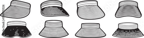 A collection of stylish and modern woven straw hats with different shapes and brims Vector