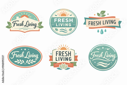 Fresh living logos set promoting healthy lifestyle, organic food, wellness, and natural products with vintage elements