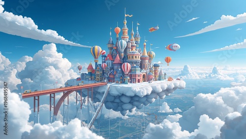 Dreamy Fantasy Castle Surrounded by Colorful Hot Air Balloons