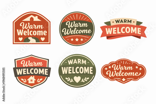 Warm welcome labels for hospitality with rustic design, greeting banners featuring cozy house and heart elements