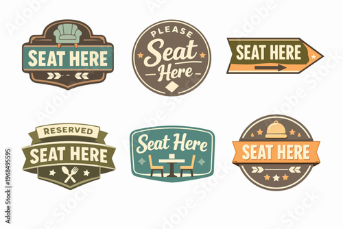 Retro style seat here badges, labels, and icons providing seating directions and indicating reserved tables
