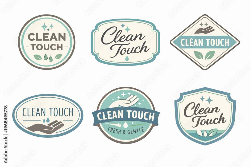 Obraz premium Clean touch hygiene product labels and logos collection with hand washing, sanitizer, and natural concepts