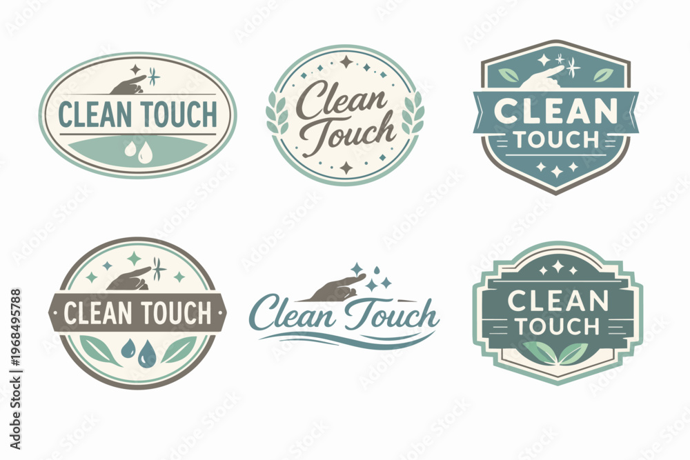 Obraz premium Collection of clean touch logos with hands, water drops, and leaves, ideal for hygiene and disinfection branding
