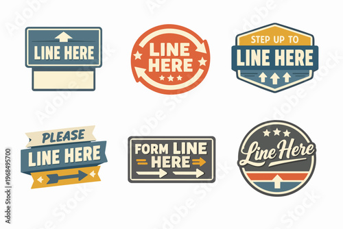 Vintage line here signs set instructing customers on forming queues and maintaining social distancing