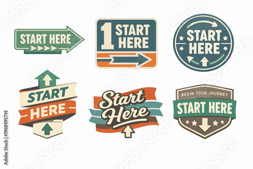 Start here buttons and badges collection with arrows, representing new beginnings and initial steps