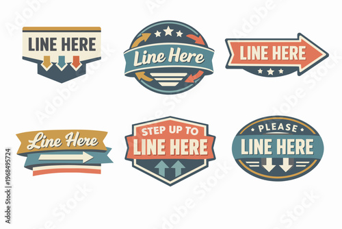 Vintage line here stickers and floor signs, showing social distancing markers and direction arrows