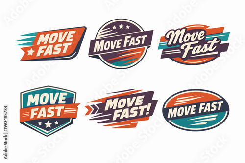 Six dynamic move fast badges set, vector art promoting speed, efficiency, and rapid progress with retro typography