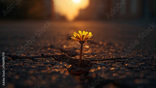Resilient Flower Growing Through Cracks in Urban Street at Sunset
