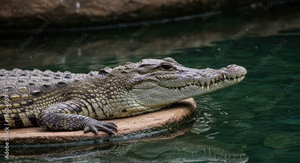 Obraz premium Resting crocodile on rock by calm green water in natural habitat