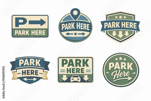 Parking signs collection. Various vintage and retro badges, labels, and icons indicating specific parking areas