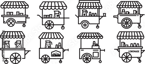 A series of black and white line drawings of vintage steam locomotives Vector