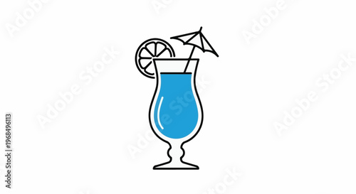 A stylized blue cocktail with a lemon slice and umbrella
