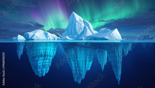 Glacial Landscape Under Aurora Borealis with Icebergs and Reflections