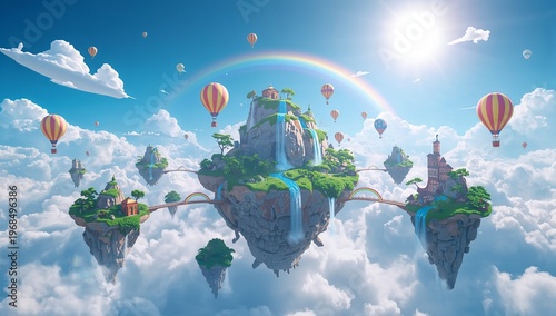 Colorful Hot Air Balloons Over Floating Island in Dreamy Sky Scene