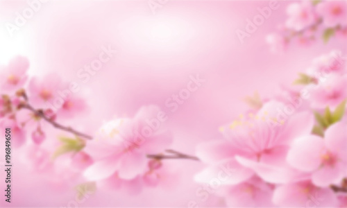 A soft pink background with cherry blossoms, a blurred floral pattern, and space for text. Vector illustration, selective focus.