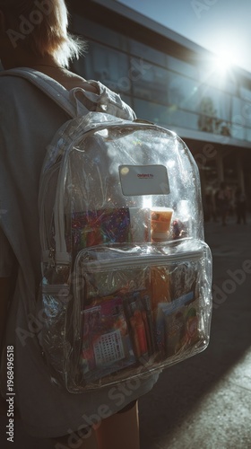 Transparent Backpack with School Supplies and Colorful Items Outside