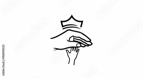 Abstract illustration of a large hand protecting a small hand under a crown