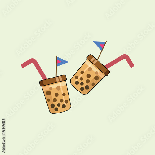 A charming flat illustration of two iced boba milk tea cups featuring chewy tapioca pearls, pink straws, and cute flags on a pale green background. Perfect for summer cafe menus and food blog decor