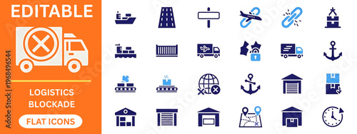 Logistics blockade and supply chain disruption flat icons set. Global shipping, cargo ship, delivery truck, broken link, anchor, warehouse, storage