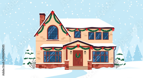 Beautiful two-story house fully decorated with Christmas lights and garlands in a peaceful snowy winter neighborhood scene.